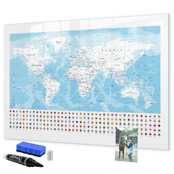 Dry erase board magnetic World map with places to mark