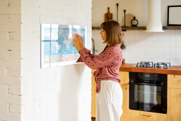 Dry erase board magnetic World map with places to mark