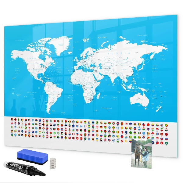 Dry erase board magnetic World map with photo locations