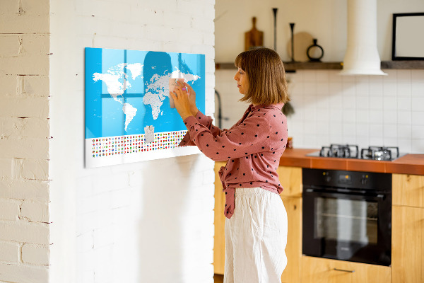 Dry erase board magnetic World map with photo locations