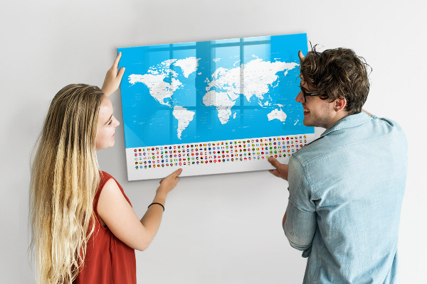 Dry erase board magnetic World map with photo locations