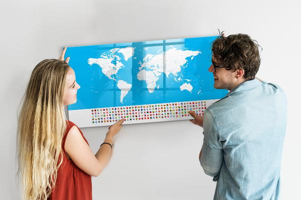 Dry erase board magnetic World map with photo locations