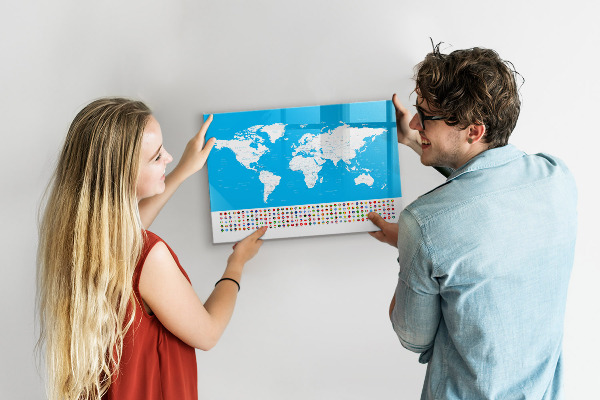Dry erase board magnetic World map with photo locations