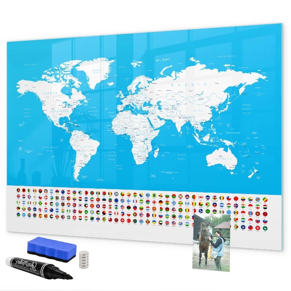 Dry erase board magnetic World map with photo locations