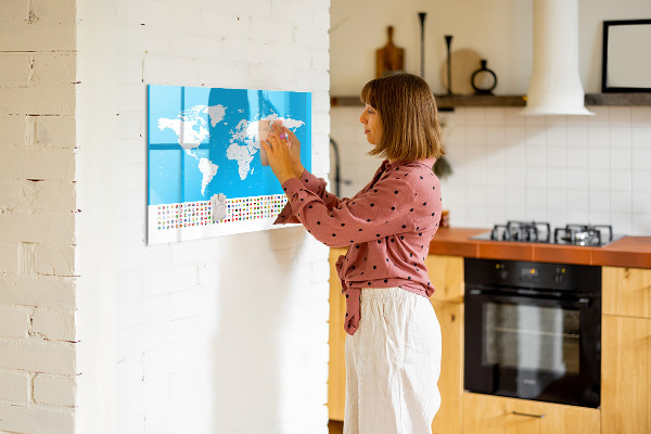 Dry erase board magnetic World map with photo locations