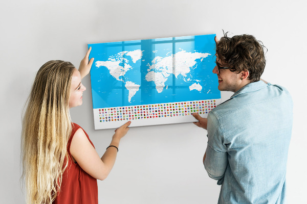 Dry erase board magnetic World map with photo locations