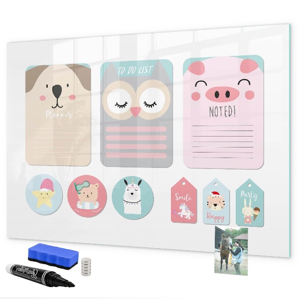 Magnetic dry erase board Colorful notes and photos on the wall