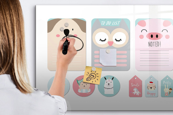Magnetic dry erase board Colorful notes and photos on the wall