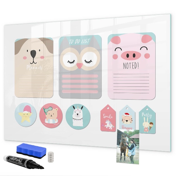 Magnetic dry erase board Colorful notes and photos on the wall
