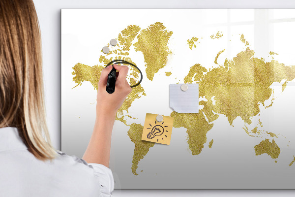 Dry erase board magnetic World map with space for photos