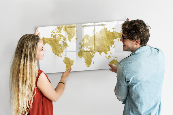 Dry erase board magnetic World map with space for photos