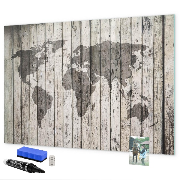 Dry erase board magnetic World map with space for photos