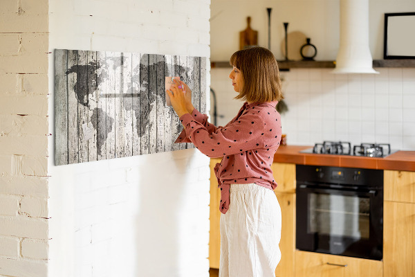 Dry erase board magnetic World map with space for photos