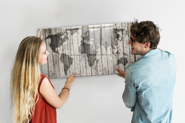 Dry erase board magnetic World map with space for photos