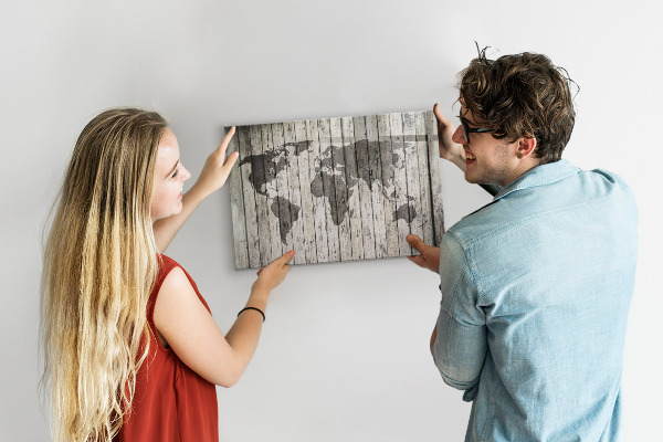 Dry erase board magnetic World map with space for photos