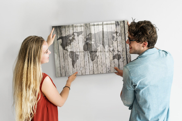 Dry erase board magnetic World map with space for photos