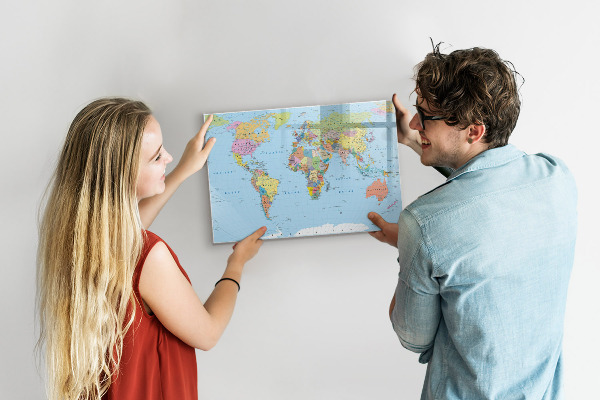Dry erase board magnetic World map with personal photos