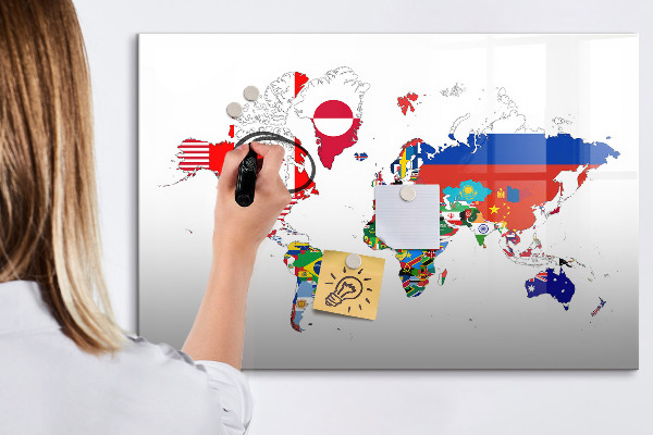 Dry erase board magnetic World map with photo locations