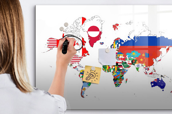 Dry erase board magnetic World map with photo locations