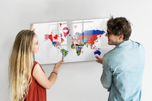 Dry erase board magnetic World map with photo locations