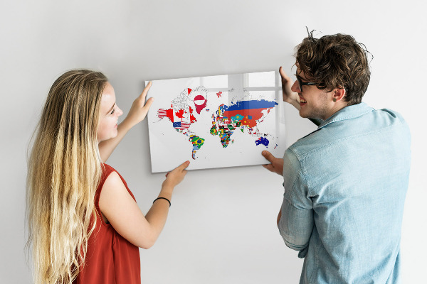 Dry erase board magnetic World map with photo locations