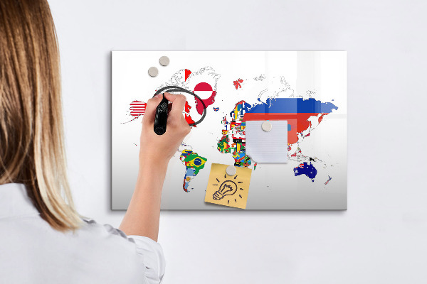 Dry erase board magnetic World map with photo locations
