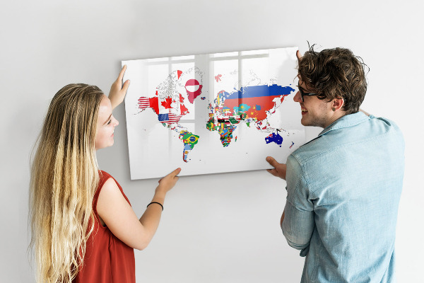 Dry erase board magnetic World map with photo locations
