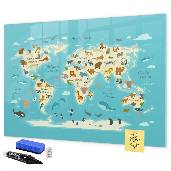 Dry erase board magnetic World map with illustrations and photos