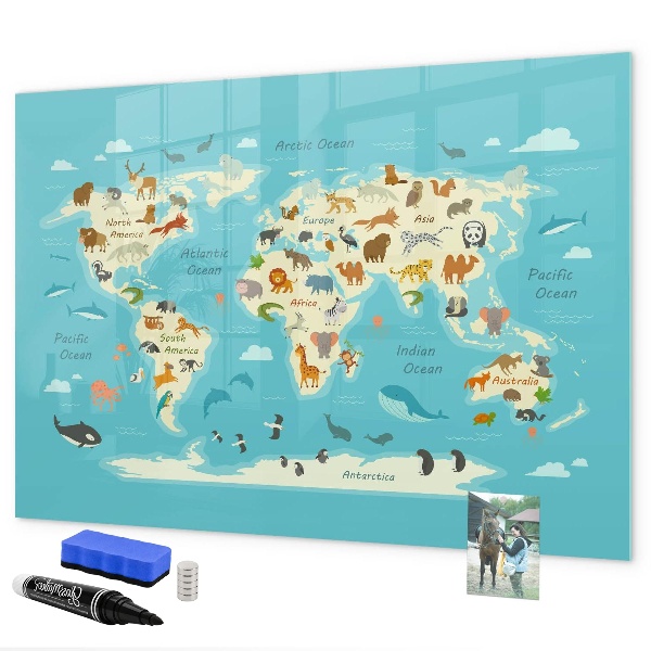 Dry erase board magnetic World map with illustrations and photos