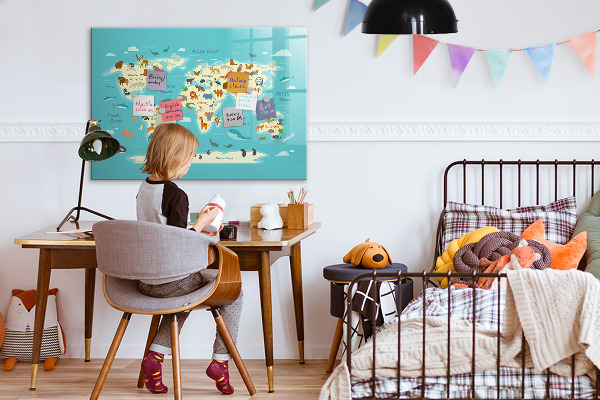 Dry erase board magnetic World map with illustrations and photos
