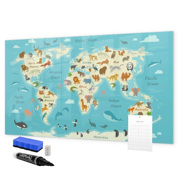 Dry erase board magnetic World map with illustrations and photos