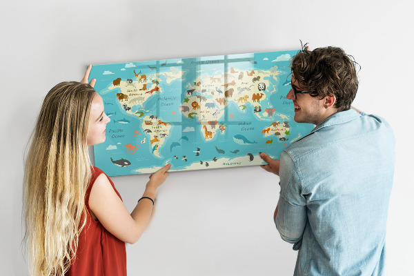 Dry erase board magnetic World map with illustrations and photos
