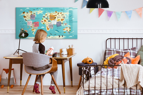 Dry erase board magnetic World map with illustrations and photos