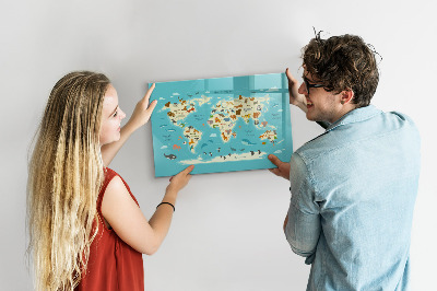 Dry erase board magnetic World map with illustrations and photos