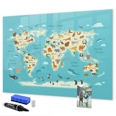 Dry erase board magnetic World map with illustrations and photos
