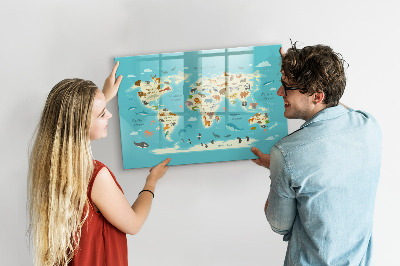 Dry erase board magnetic World map with illustrations and photos