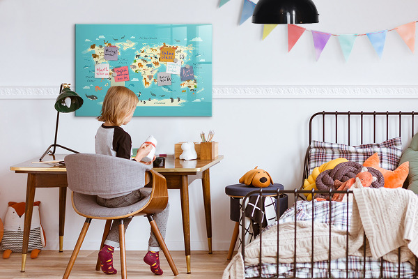 Dry erase board magnetic World map with illustrations and photos