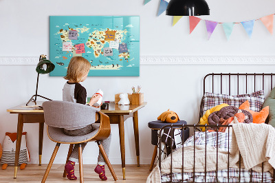 Dry erase board magnetic World map with illustrations and photos