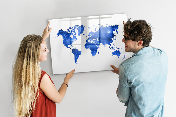 Dry erase board magnetic World map with photo locations