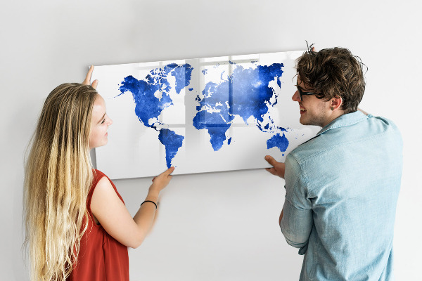 Dry erase board magnetic World map with photo locations