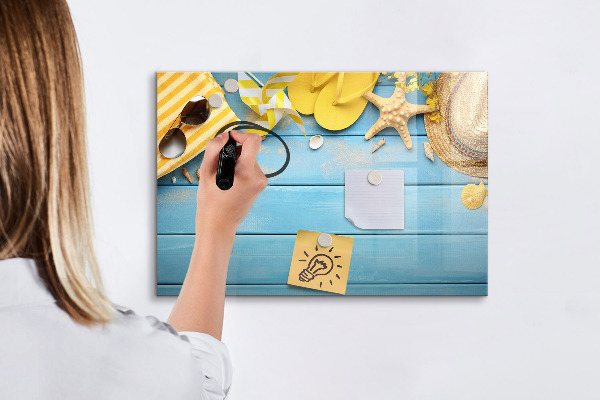 Magnetic dry erase board Summer memories on a blue background
