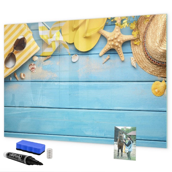 Magnetic dry erase board Summer memories on a blue background