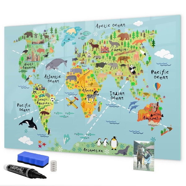 Dry erase board magnetic World map with photo locations