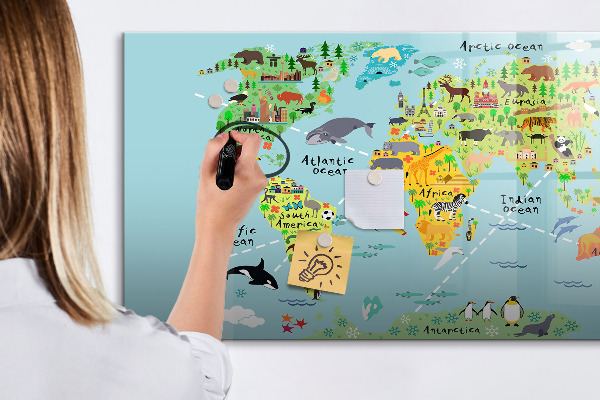 Dry erase board magnetic World map with photo locations