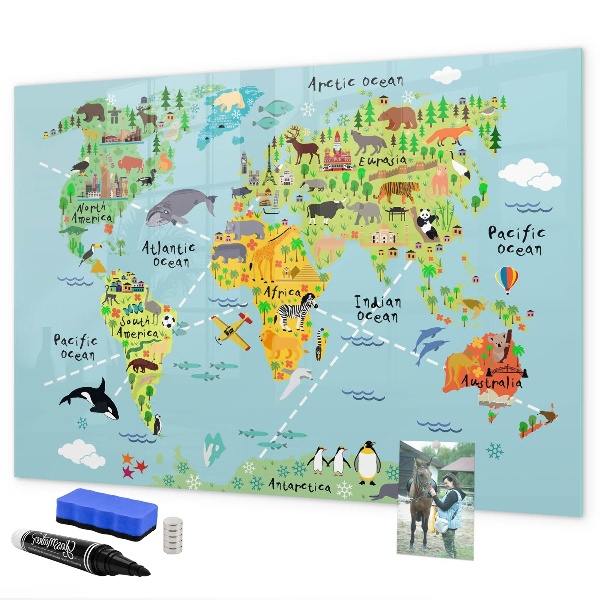 Dry erase board magnetic World map with photo locations