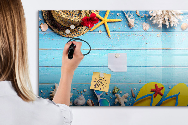 Magnetic dry erase board Summer memories on a blue background