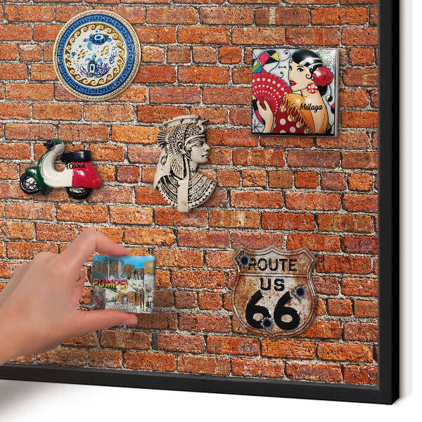 Metal wall board for magnets in a black frame Brick motif