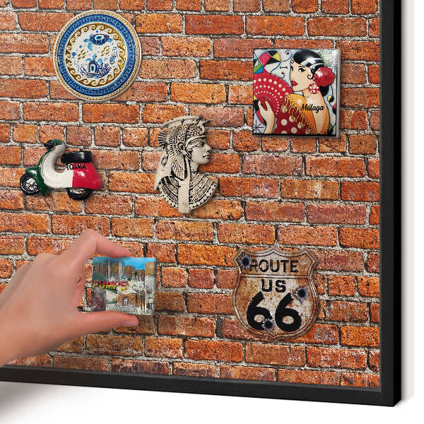 Metal wall board for magnets in a black frame Brick motif