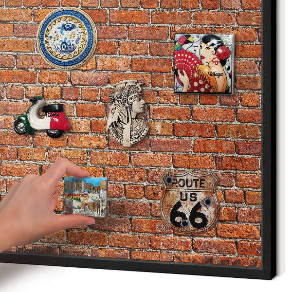 Metal wall board for magnets in a black frame Brick motif