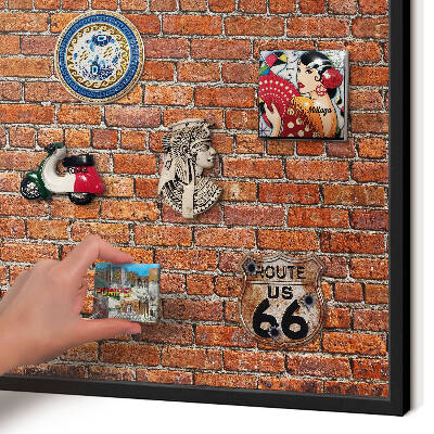 Metal wall board for magnets in a black frame Brick motif